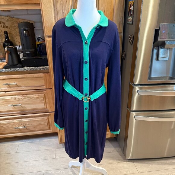 Lilly Pulitzer Navy & Green Belted Long-Sleeve Dress XL EUC - Picture 1 of 10